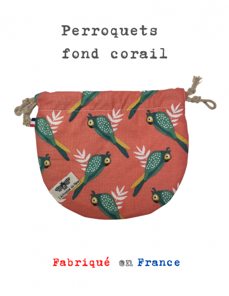 Bourse à savon motif perroquets fond corail par l'échoppe de Nine