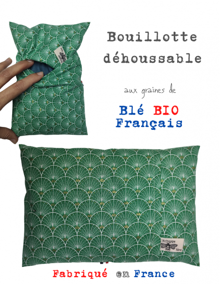 Bouillotte déhoussable garnie grains de blé bio français housse en coton imprimé Eventails vert or brillant,  l'échoppe de Nine