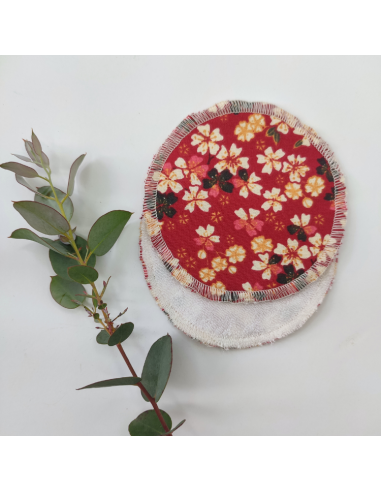 Lingettes fines 2 faces en coton imprimé fleuri japonais rouge et éponge de Tencel® par l'échoppe de Nine
